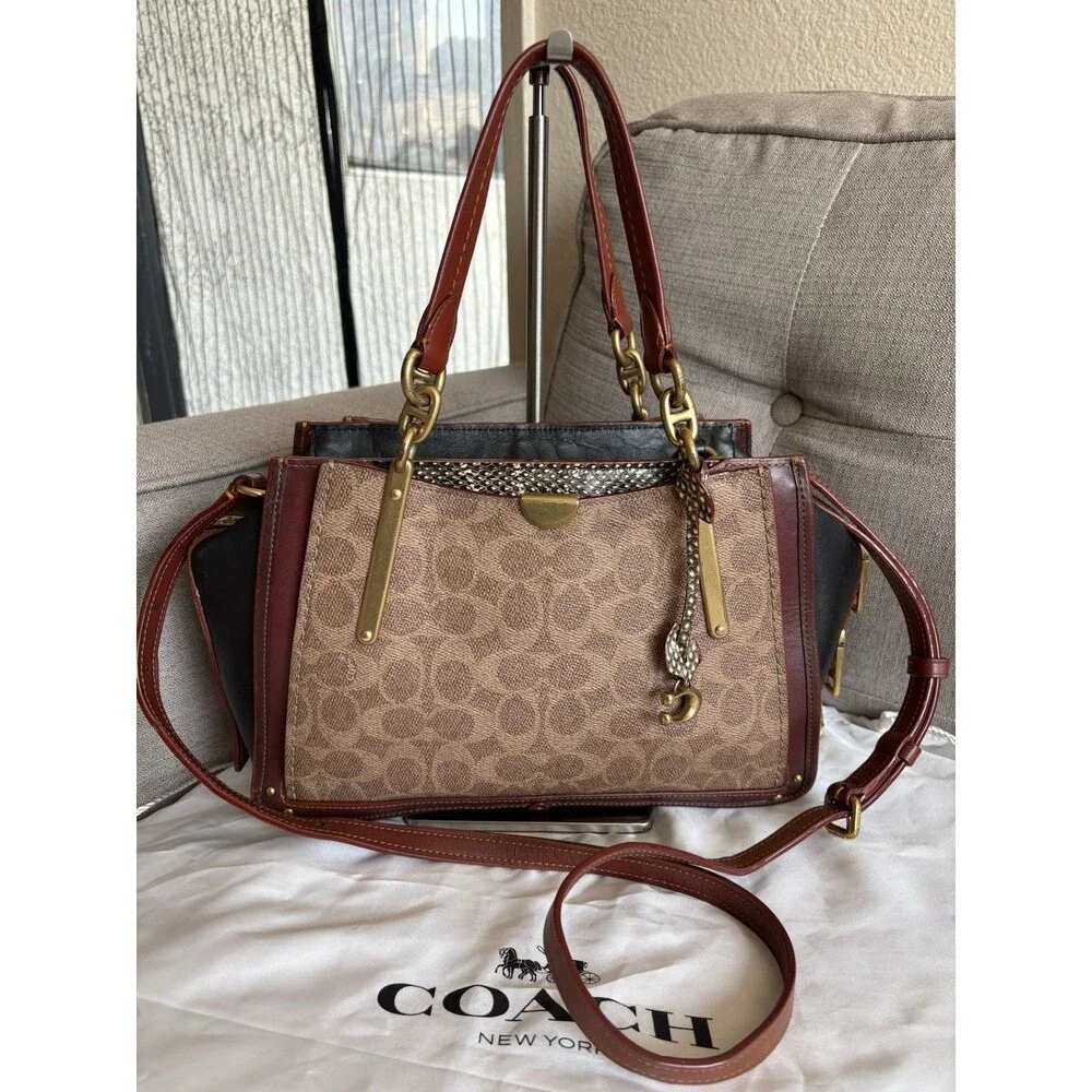 Coach Dreamer 27 In Signature Canvas Tan & Black W/ Snakeskin Detail Satchel Bag